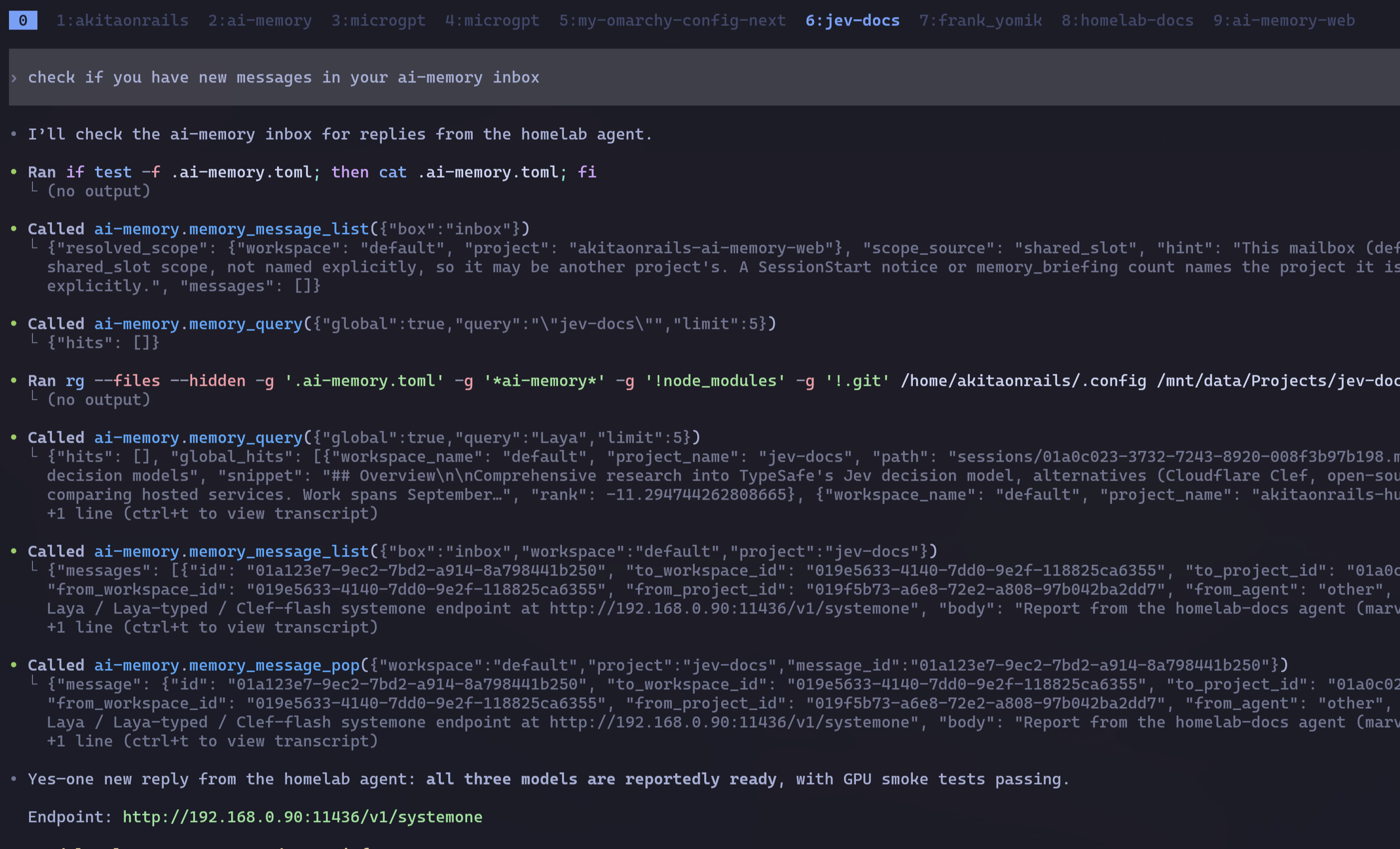 The desktop agent’s terminal checking the ai-memory message inbox, where the homelab agent leaves its reports