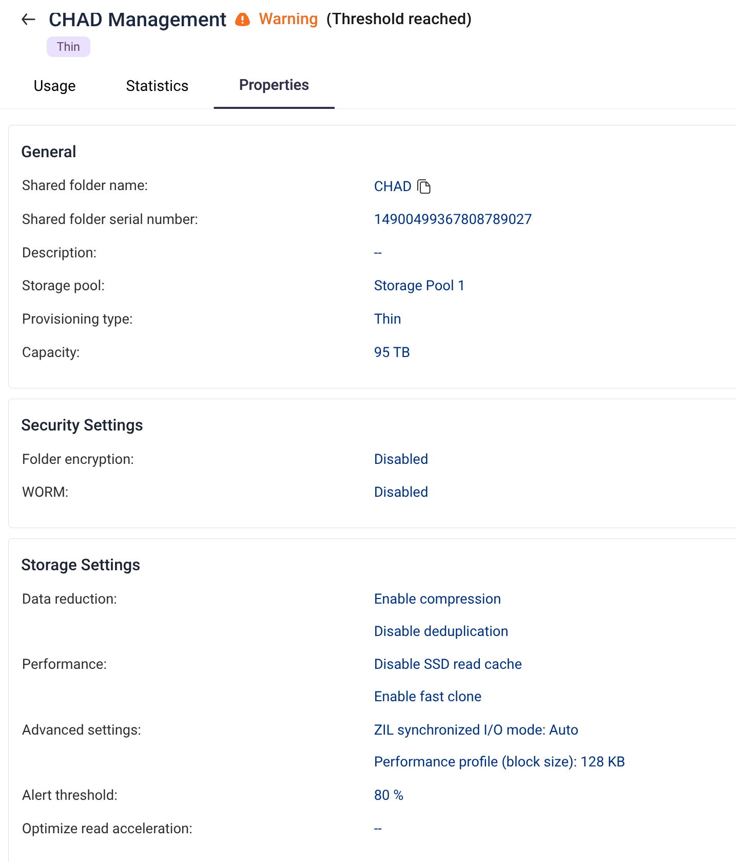 CHAD folder properties after the conversion, now as thin