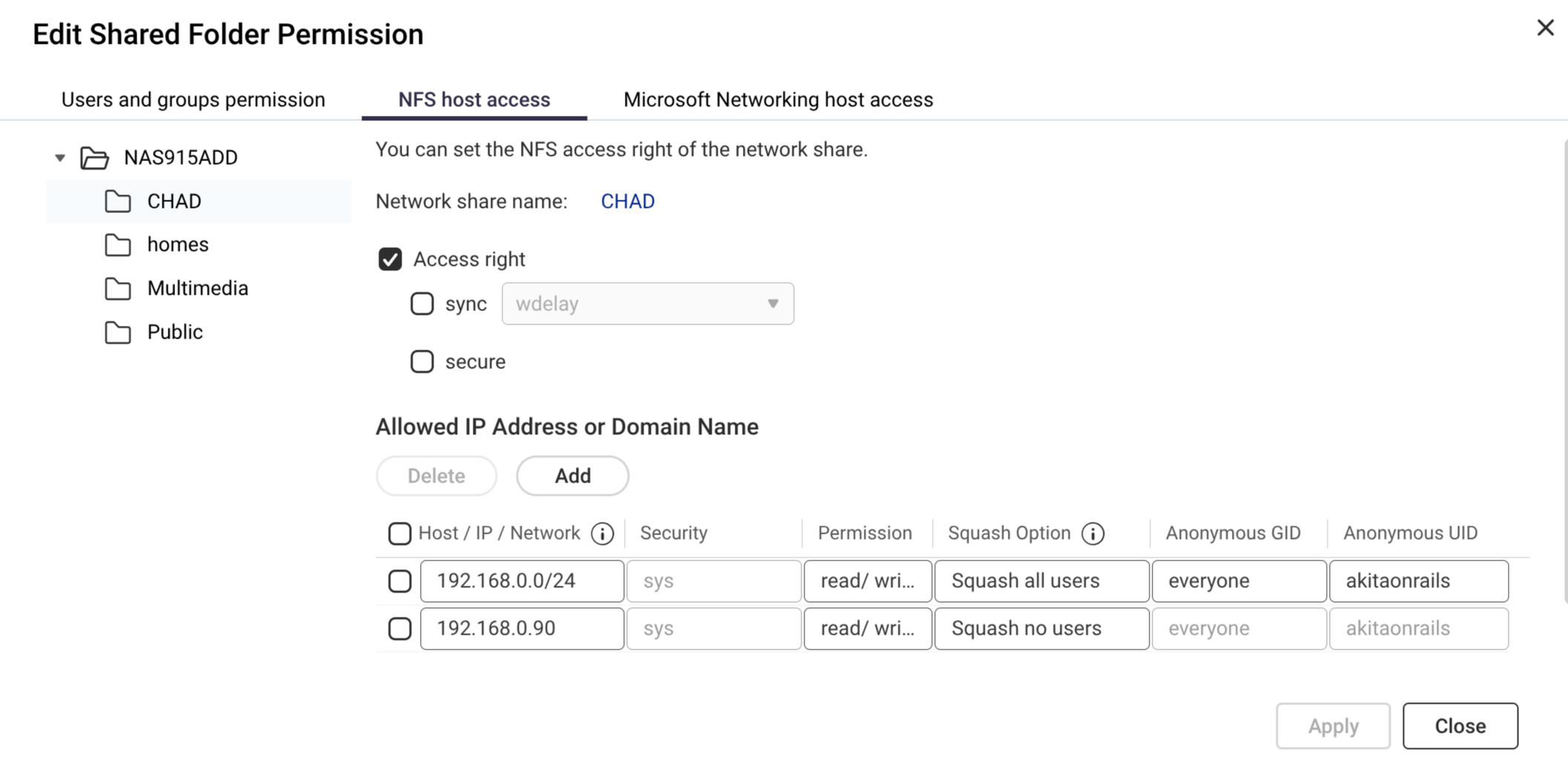 QNAP NFS permissions screen, with the per-host rule for the homelab server