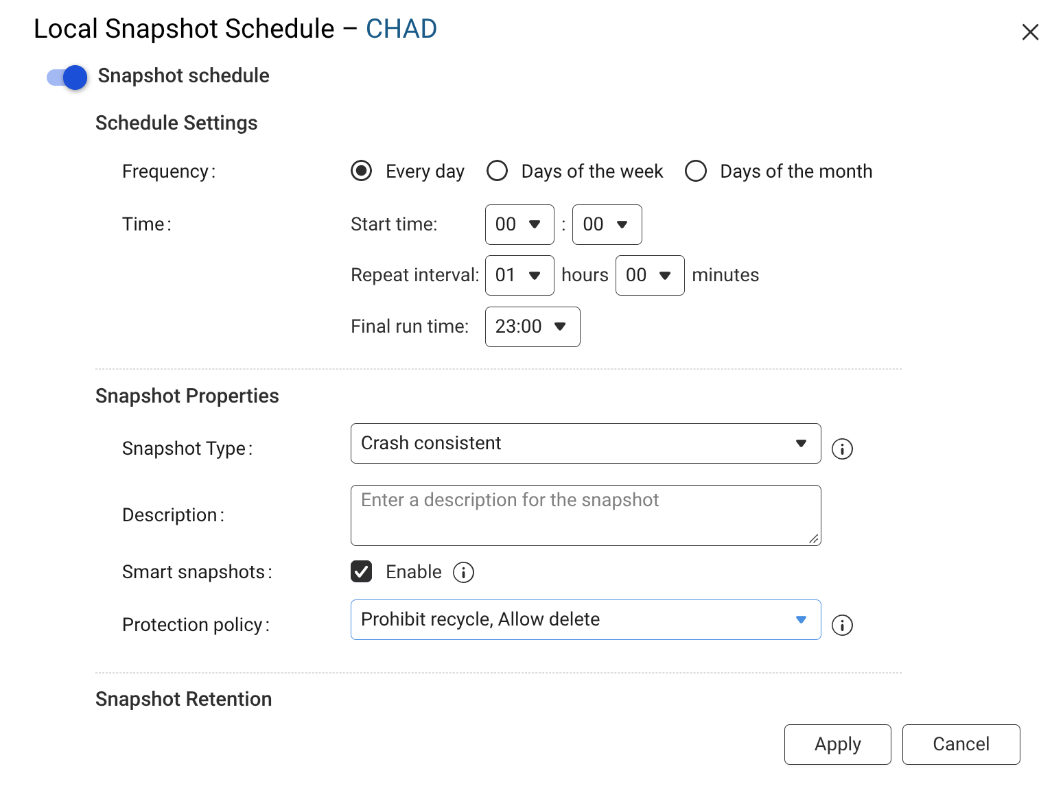 CHAD folder snapshot schedule on the QNAP