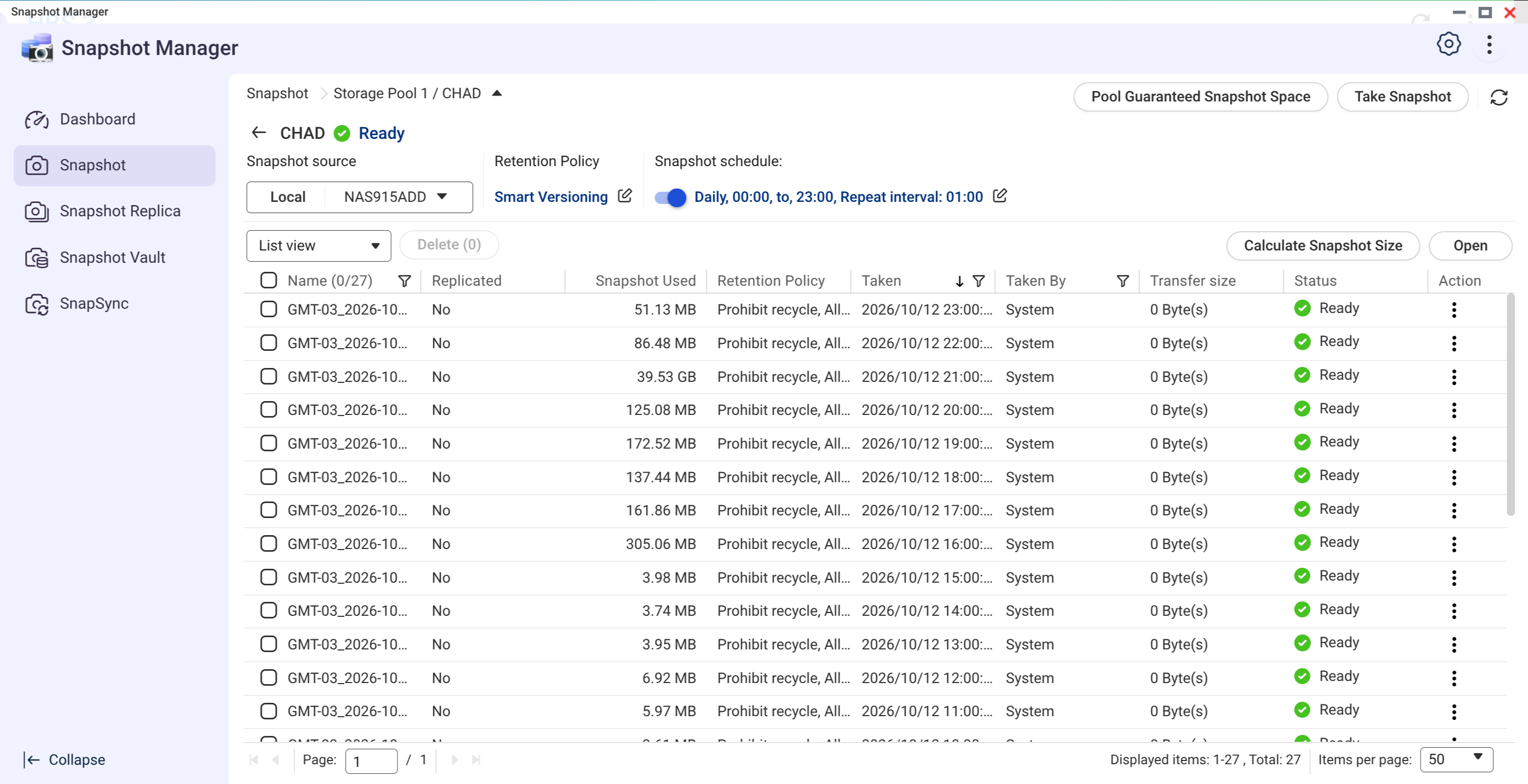 QNAP Snapshot Manager with 27 hourly snapshots of the CHAD folder, most consuming between 3 and 300 MB